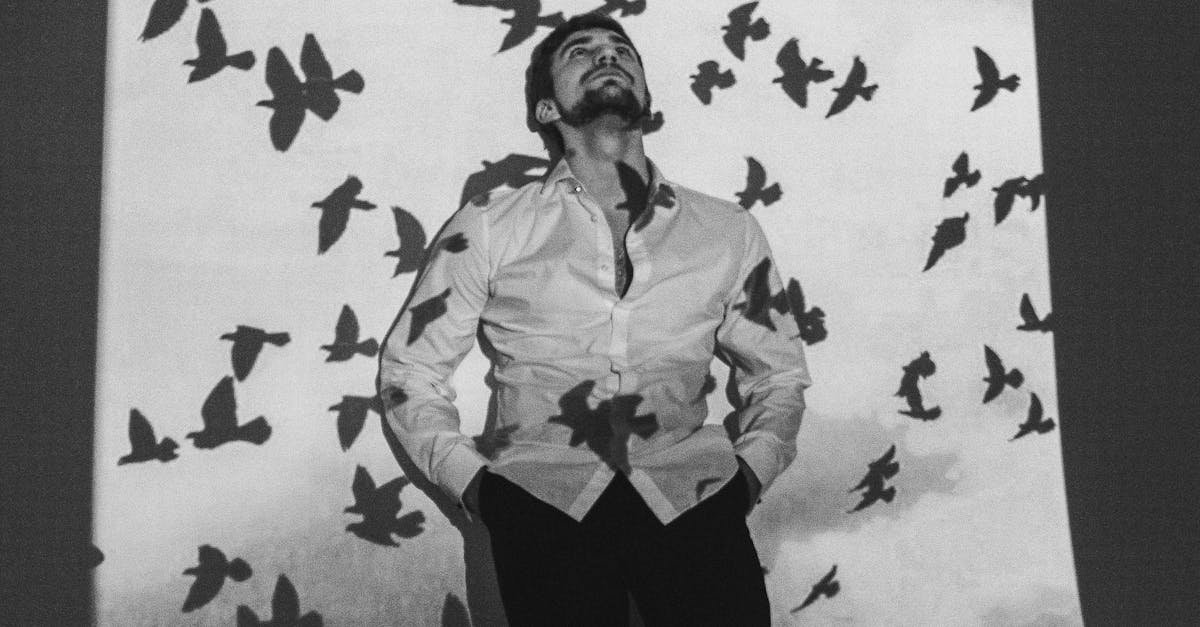 Black and white full body of male in white shirt standing in dark studio near wall with shadows of birds flying under sky